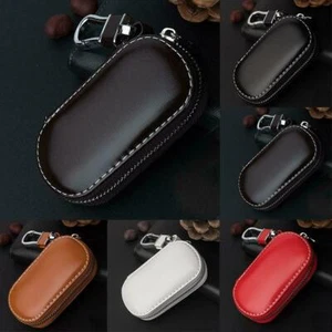 Leather Car Key Chain Bag Smart Key Holder Cover Remote Fob Zipper Case Brown - Picture 1 of 11
