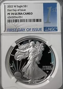 2022 W $1 NGC PF70 ULTRA CAMEO PROOF SILVER EAGLE FIRST DAY OF ISSUE FDOI - Picture 1 of 2