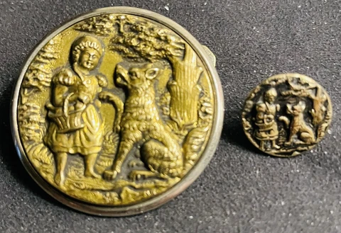 Ex rare Antique RED RIDING HOOD PAIR Of Brass buttons, ca. 1880s/1890s Cover