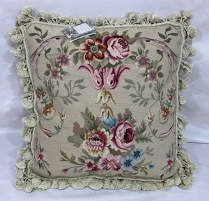 Almohada de punta de aguja cosida a mano artesanal de Pekín con borlas florales de 20" NOS - Imagen 1 de 8
