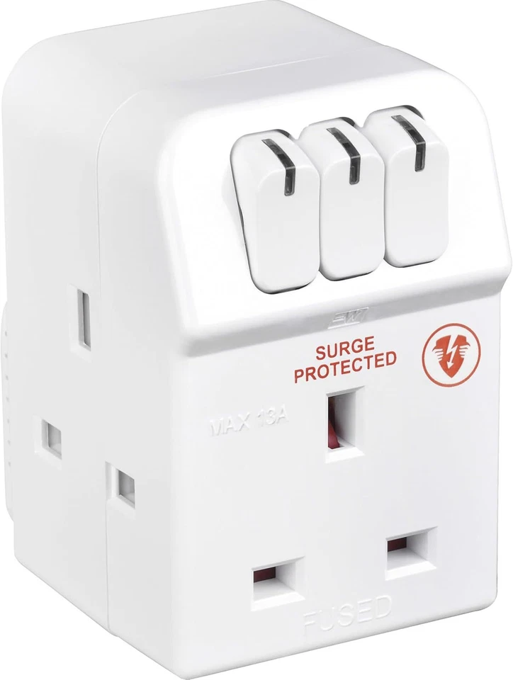 Masterplug 3-Socket Surge Protected Adaptor with Individual Switches UK Plug - Image 1 of 4