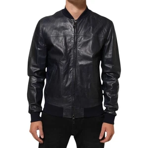 DOLCE & GABBANA Jacket Blue Leather Full Zip Biker Blouson IT52/US42/XL 3380usd - Picture 1 of 10
