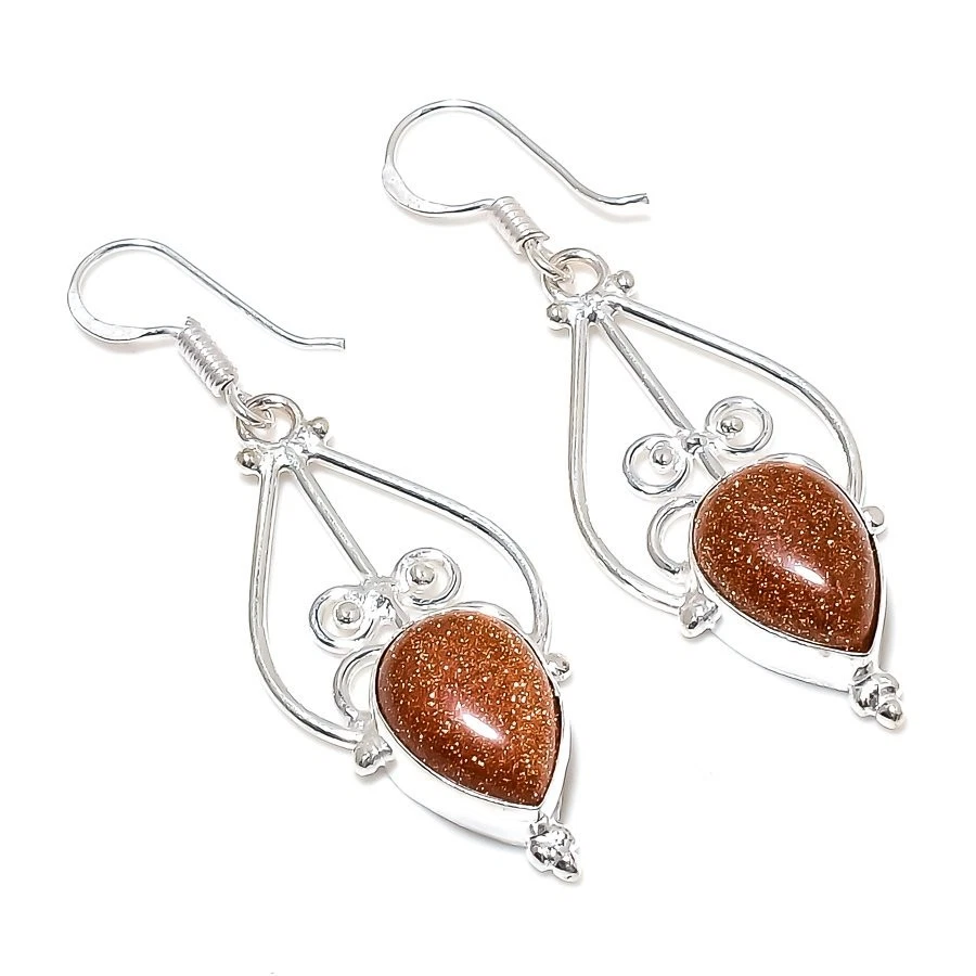 Sunstone Gemstone Handmade 925 Sterling Silver Jewelry Earring Size 2'' - Image 1 of 1