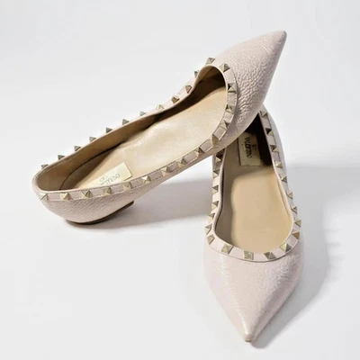 Valentino Garavani Flats 11.5 Blush Rockstud Leather Pointed Pebbled Ballerina - Image 1 of 4