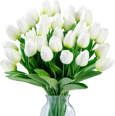 15 Pcs Fake Tulips Artificial Flower Real Touch PU Faux Flower Tulip Green White - Image 1 of 4