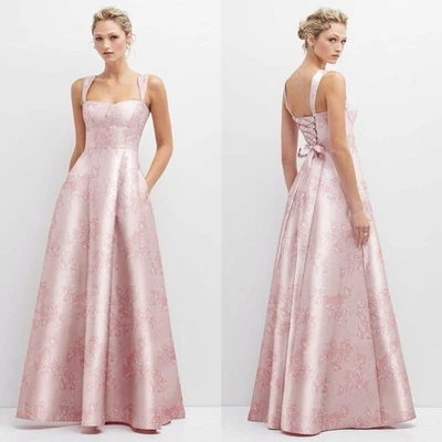 ALFRED SUNG Bustier Satin Maxi Dress Size 4 Pink Floral Pockets Formal D852FP - Image 1 of 4