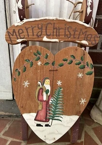 Prim Wooden Sleigh w Santa &Tree 18” Christmas Decoration Porch Or Door Handmade - Picture 1 of 17