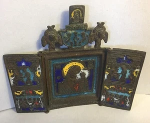 Antique Russian Bronze Enamel Triptych Traveling Icon TIKHVINSKAYA MOTHER OF GOD - Picture 1 of 7