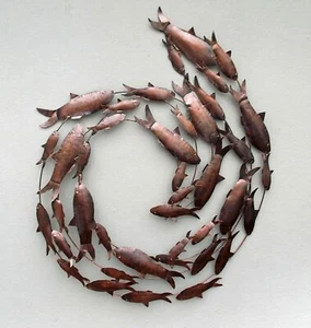Contemporary Burnt Black Copper Fish Shoal 3D Metal Circle Fish Wall Art - Picture 1 of 5