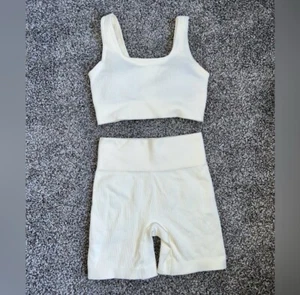 Workout Set 2 Piece Seamless Ribbed Crop Top High Waist Yoga Size Small Beige - Picture 1 of 4