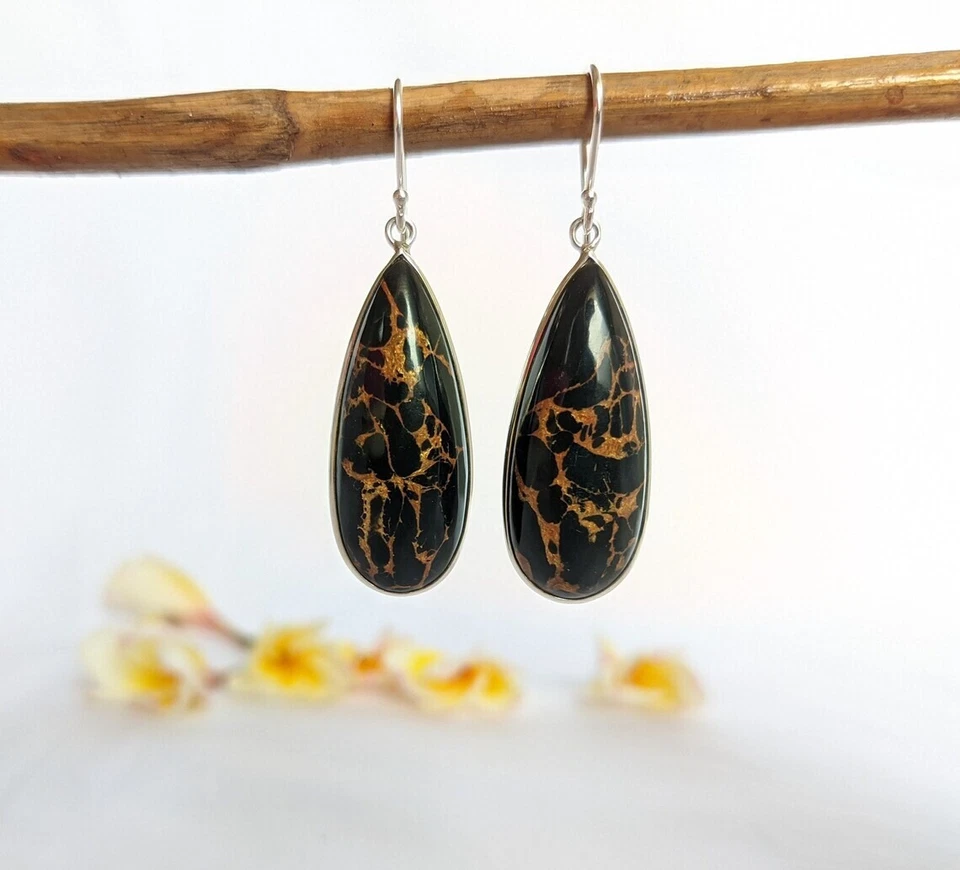 Black Copper Turquoise Gemstone 925 Sterling Silver Beautiful Designer Earrings - Image 1 of 4