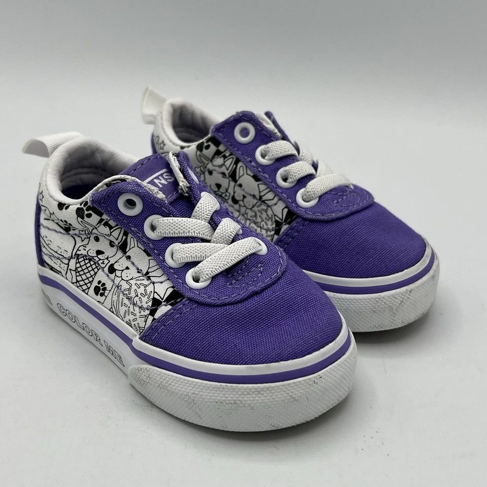 Vans Classic Slip On Color Me Baby Girls Sz 3 Purple Dogs Cats Shoes Sneakers - Image 1 of 4