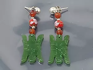 Vintage Sterling Silver Green Carved Jade Red Cloisonne Dangle Stud Earrings - Picture 1 of 4