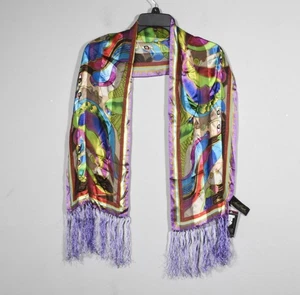 NWT Vintage Laurel Burch Silk Scarf Parrots & Faces w/Fringes - Picture 1 of 4