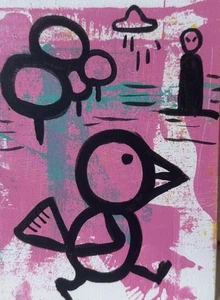 HASWORLD ORIGINAL BIRD CUTE POP ART ABSTRACT EXPRESSIONISM CONTEMPORARY Pink - Picture 1 of 6