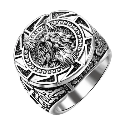 Alianza de boda de acero inoxidable con sello de lobo vikingo para hombre talla 7-13 Foto 1 de 4