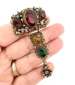 Broche colgante de filigrana esmaltada ornamentada de vidrio multicolor checo joyería vintage - Imagen 1 de 7