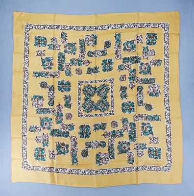 Bufanda Eco Renacimiento Vintage Seda 31" Cuadrada Oro Estilo Talavera Años 50 Japón Han Foto 1 de 4