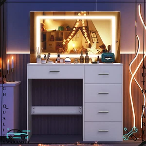 LED Lighted Makeup Table Dressing Table Vanity Desk Set w/ Mirror Drawers White - Picture 1 of 9