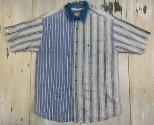 GITANO - Vtg 90s Blue & Tan Striped Button-up Dad Skate Shirt, Mens MEDIUM/LARGE - Picture 1 of 10