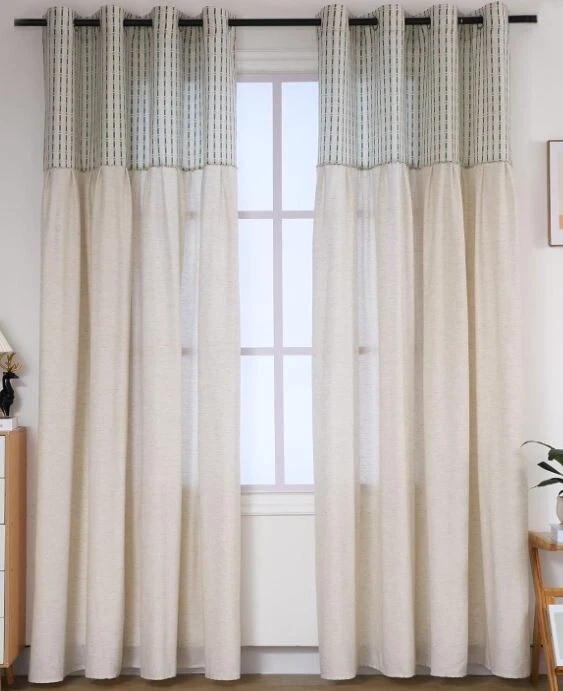 54x95 Farmhouse Taupe & Green Pleated Linen Blend Curtain Panels Pair x 2 - Image 1 of 4