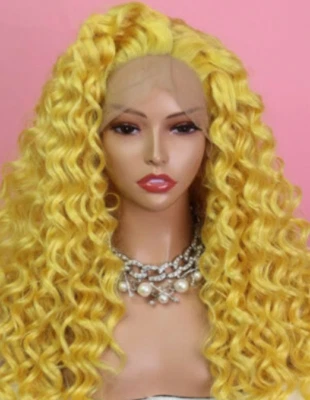 Peluca frontal de encaje largo amarilla Peluca de cabello sintético rizado resistente al calor sedosa Foto 1 de 4