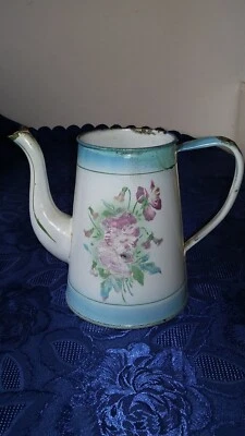 ANCIENNE CAFETIERE VERSEUSE BROC TOLE EMAILLE DECOR FLORAL VINTAGE COLLECTION - Photo 1/4