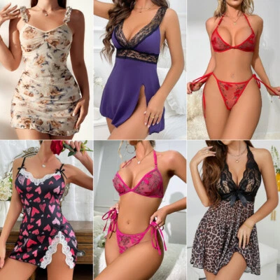 Lingerie-Underwear-Sleepwear-Sexy-Women-Lure-Dress-Lace-Babydoll-Nightwear-Robe - Image 1 of 4