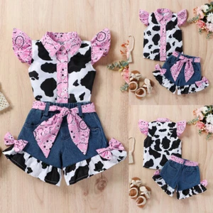 Kid Girls Denim Shorts Outfits Ruffle Cow Print Shirt Tops + Belted Jeans Shorts - Picture 1 of 13