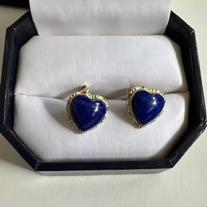Estate Signed 14k Gold Domed Lapis Lazuli Heart Stud Earrings, 14k Gold Backs - Picture 1 of 4