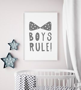 "Boys Rule" Grey Nursery Art Print / Picture For Bedroom / Playroom Kids Art