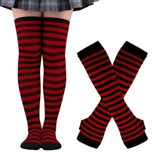 Women Girls Thigh High Long Socks Arm Warmer Fingerless Gloves Set Solid Color - Picture 1 of 57