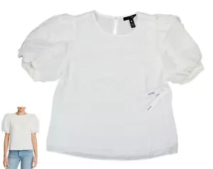 Aqua Solid Color Puffed Ruffled High Neck Short Sleeve Top M NWT White - Picture 1 of 1