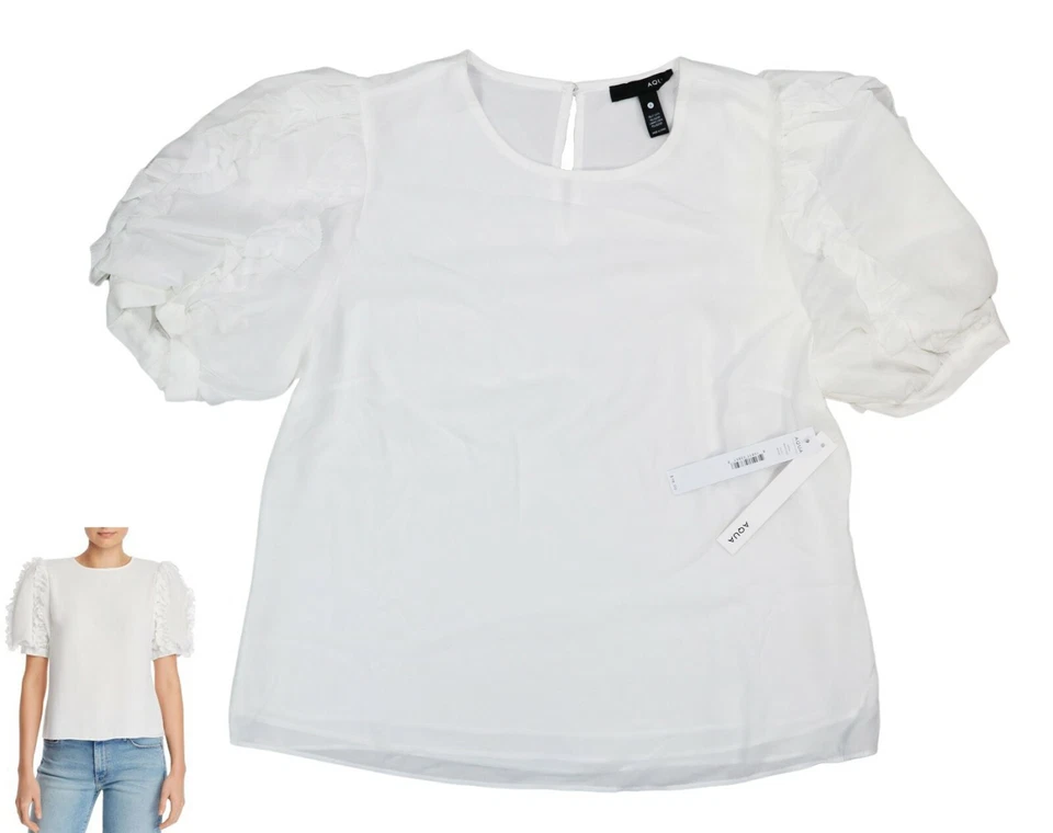 Aqua Solid Color Puffed Ruffled High Neck Short Sleeve Top M NWT White - Image 1 of 1