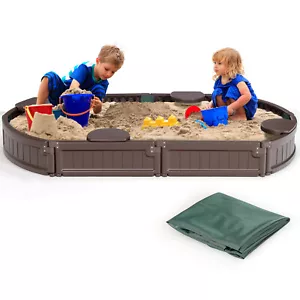 6F Wooden Sandbox w/Built-in Corner Seat, Cover, Bottom Liner for Outdoor Play - Picture 1 of 10