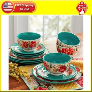 The Pioneer Woman Vintage Floral 12-Piece Dinnerware Set, Teal - Picture 1 of 6