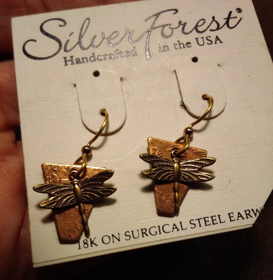 NEW Dragonfly Dangle Earring SILVER FOREST Pierce Copper 18K Surg Steel Tag Card - Imagem 1 de 1