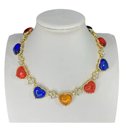 "Collar gargantilla corazón estilo Gripoix tono dorado rosa azul resina declaración 16""" Foto 1 de 4