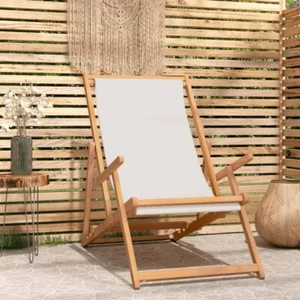 NNEVL Folding Beach Chair Solid Wood Teak Cream - Picture 1 of 8