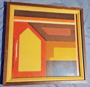 Vintage 70's Crewel Finished Abstract Shapes Orange 18" Square Picture - Picture 1 of 4