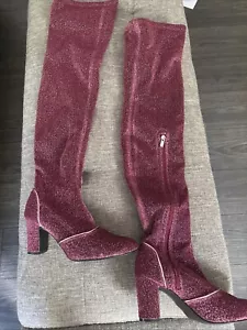 Thigh Boots Womens With Stretch Top Zipper On Side Half Red Glitter 11 - Picture 1 of 7