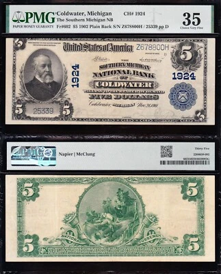 Amazing SCARCE Crisp Choice VF++ 1902 $5 COLDWATER, MI National Note! PMG 35! - Image 1 of 3