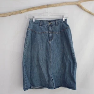 French Cuff Modest Midi Blue Jean Skirt Size Small S Denim Front Slit - Picture 1 of 7