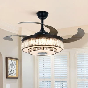 42"Multifunctional 7-Color LED Crystal Chandelier Bluetooth Ceiling Fan w/Remote - Picture 1 of 21