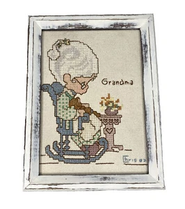 Vintage Finished Counted Cross Stitch Grandma Signed Embroidery Handmade Framed - Picture 1 of 16