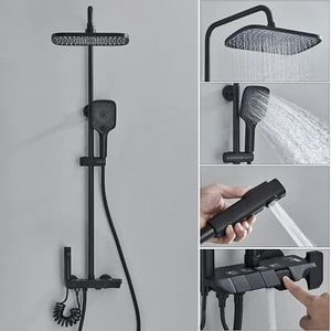 Black Shower System Exposed Rain Shower Head Combo 4 Function Faucet Fixtures - Picture 1 of 13