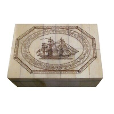 5-1/4  American Frigate Ship Scrimshaw Nautical Bone Box Antique Reproduction • 38.33$