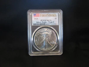 Moneda American Silver Eagle PCGS MS70 FS 2021 con bandera de EE. UU. hecha en EE. UU. tipo 2 - Imagen 1 de 2