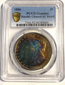 #A7088,Gold Shield,PCGS AU Detail,Morgan Silver Dollar Beautifully Toned 1886 P - Picture 1 of 3
