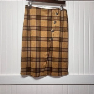 Cato NWT Plaid Asymmetric Button Straight Skirt Knee Length Brown Suede Feel - Picture 1 of 6